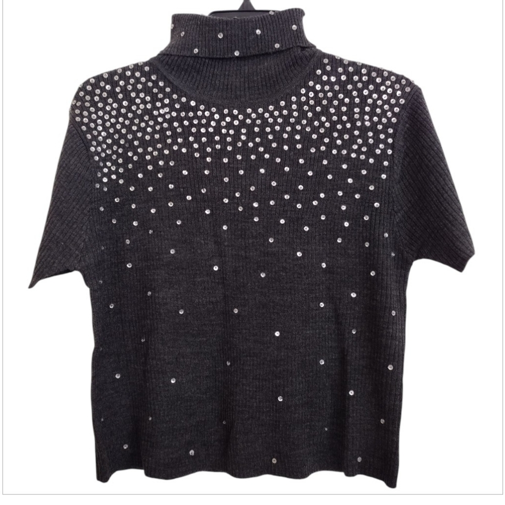 Newport News Vintage Charcoal Knit Turtleneck Sweater With Sequins Size Medium